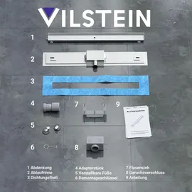 VILSTEIN Duschrinne 120cm, Edelstahl Bodenablauf Komplettset, extra flach, Siphon mit Geruchsstop, Haarsieb