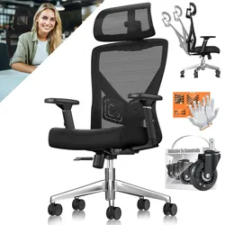 KESSER® Bürostuhl mit verstellbaren Armlehnen   Drehstuhl mit Lendenwirbelstütze Rückenschonend   Schreibtischstuhl ergonomisch mit Kopfstütze   Office Chair Wippfunktion bis 125° mit 5x Gummirollen