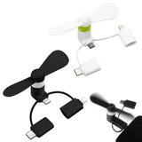 Handy-Lüfter, tragbarer Mini-Ventilator 3 in 1 USB für zu Hause, für Android/USB-Typ-C-Handys, 2 Stück (Weiß + Schwarz)