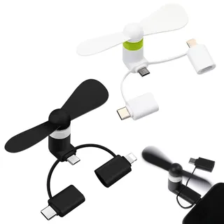 Mini-Handy-Lüfter, 3-in-1 Mini-Handy-Ventilator, Tragbarer Kühler Rotierender Ventilator, Kompatibel mit iPhone/Micro-USB/Typ C/Port-Ventilator (Schwarz+Weiß)
