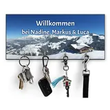 Unikatolo Schlüsselbrett mit Name Winter Berge, Holz Geschenk zum Einzug, Schild Spruch, Wandhaken Wanddekoration Geburtstag Richtfest Hochzeitsgeschenk Dekoration Flur Berghütte
