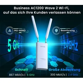 Tenda OAP1200 Outdoor Wi-Fi AP AC1200, Gigabit LAN, IP65, VLAN, 802.11k/v/r, aktives und passives PoE - Weiß