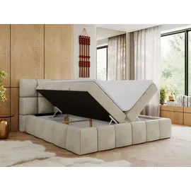 MKS Meble Boxspringbett, Doppelbett NIRA mit dekorativem Kopfteil, Multipocket-Matratze und Topper, Polsterbett mit Bettkästen - 200 x 200 cm - H3... - Beige