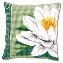 Vervaco Kreuzstich Stickpackungen Kissen Stickerei Set Anfänger Vorgedruckt Weiße Lotus Blume DIY Set Kreativ Set Für Erwachseneca. 40 x 40 cm Bastelset Handwerker Haus Dekoration