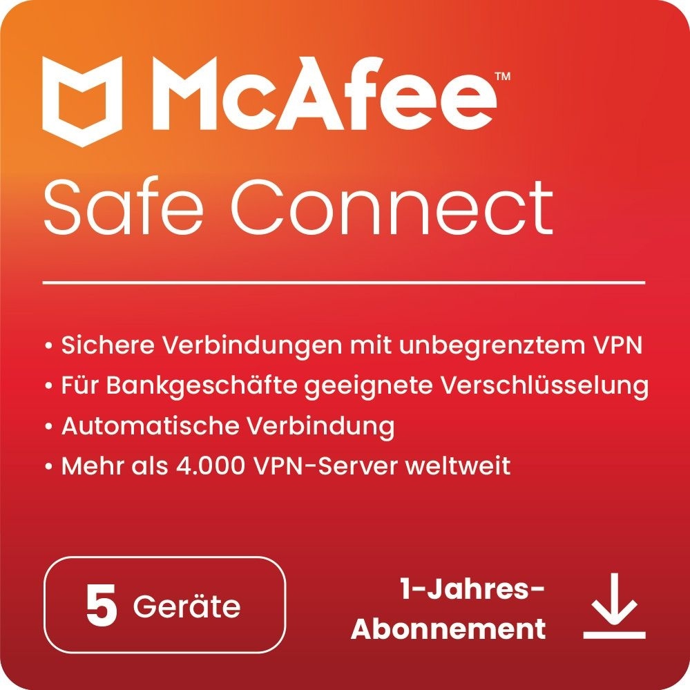 McAfee VPN Safe Connect, 5 Geräte - 1 Jahr, ESD, Download