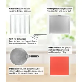 Genius Chef elektrischer Pizzaofen 10 in 1 8 tlg, 400°C, 2000 Watt, integrierter Airfryer, Steakgrill, Pizzastein und Pizzaschieber inklusive, 4 Modi, Warmhalten mit 3-Fach-Verglasung