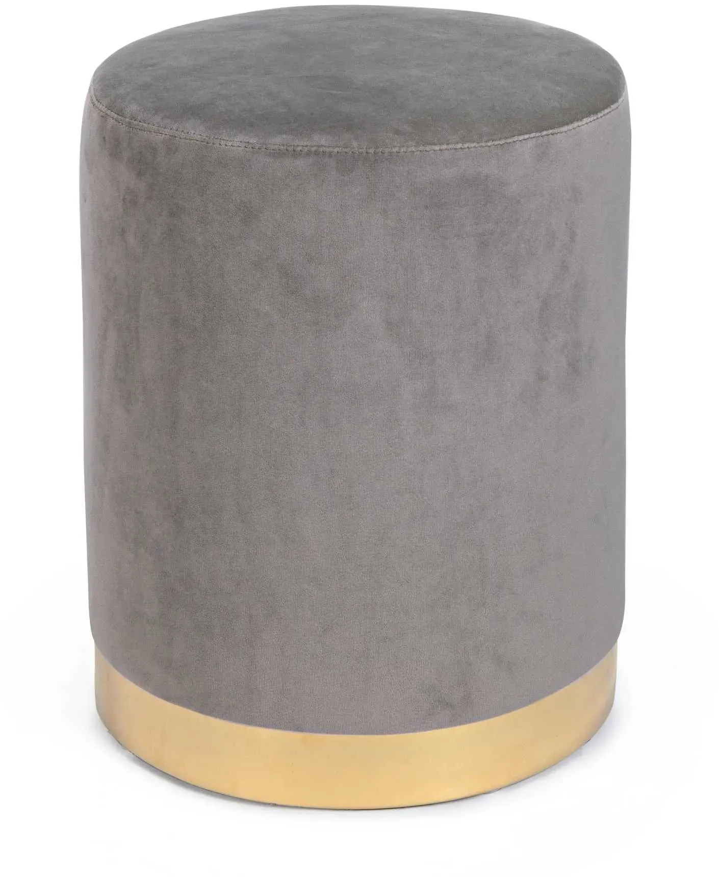 Pouf Lucilla aus Samt, modern und rund, grau mit goldfarbenem Gestell, weich gepolstert