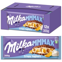 Milka Crispy-Joghurt Großtafel 12 x 300g, Zartschmelzende Schokoladentafel aus Alpenmilch mit Joghurtfüllung, Knusperreis und Cornflakes