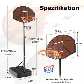 Costway Basketballkorb Outdoor, Basketballständer 172-200cm höhenverstellbar Basketballanlage Schwarz
