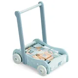 Navaris Lauflernwagen aus Holz mit 46 Bauklötzen - Lauflernhilfe für Babys - Laufwagen für Mädchen und Jungen - Baby Gehhilfe Lernlaufwagen - Blau