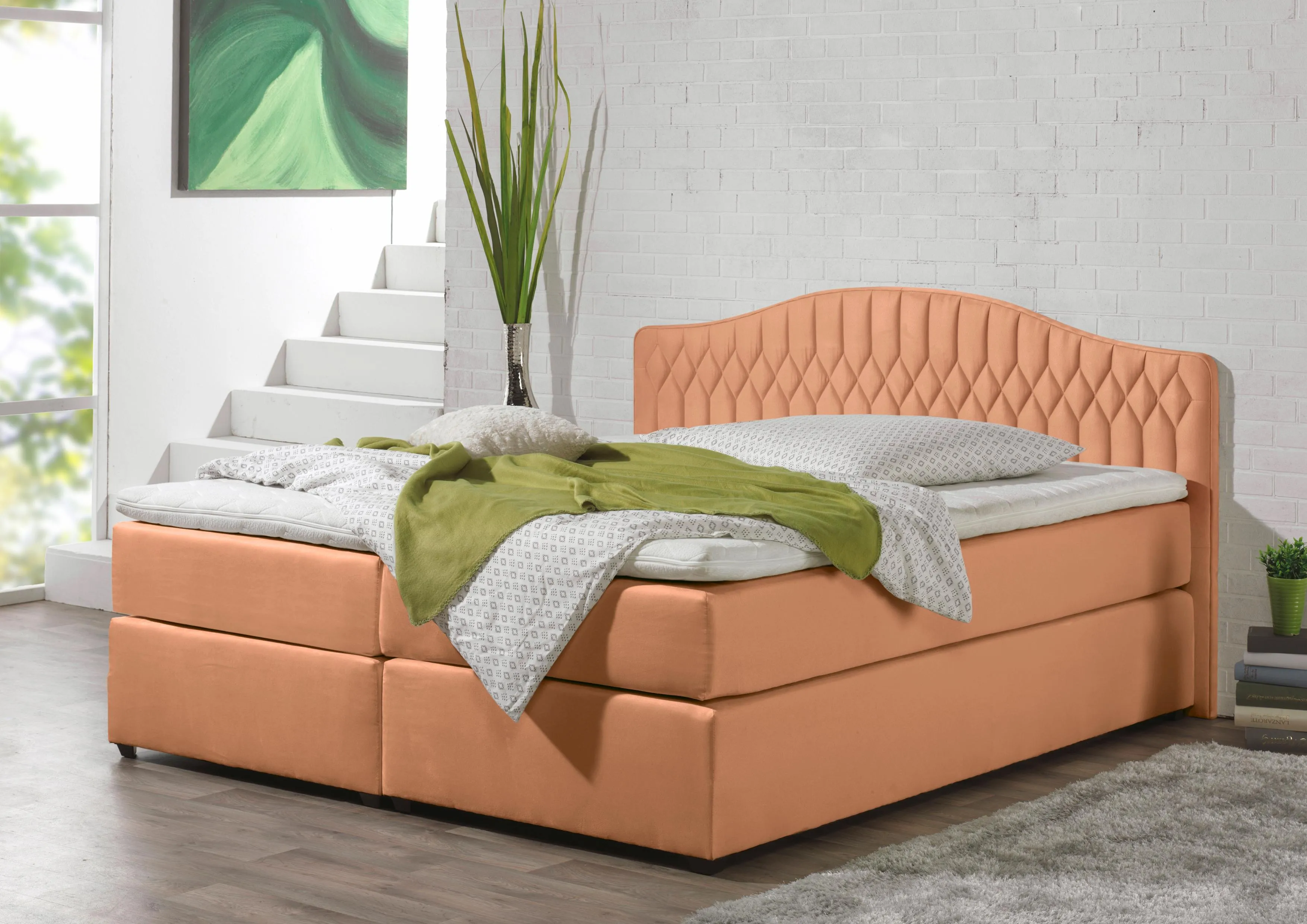 Boxspringbett MAINTAL, orange (terra), Liegefläche B/L: 180cm x 200cm, H3, Bonnell-Federkernmatratze, Seitliche Einfassung Unterbox und Obermatratze: Mikrovelours (100% Polyester), Spiegelfläche der Unterbox und Obermatratze: 100% Polyester, Komplettbetten, in diversen Ausführungen