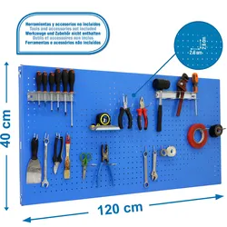 SimonRack Perforierte Metallplatte für Werkzeuge 1200x400 BLAU + 14 Haken + 3 Zubehör