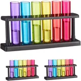 Relaxdays Reagenzgläser Schnapsgläser, 18 Gläser, 3 Halterungen, Kunststoff, 40 ml, Shotgläser Chemie, für Partys, bunt