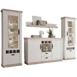 furn.design Wohnwand weiß Pinien, Metall, Nachbildung,Pinie, 7 Fächer, 2 Schubladen, Sockel, 330x201x44 cm FSC 100%, Wohnzimmer, Wohnwände, Anbauwände