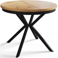 Runder Esszimmertisch BERG, ausziehbarer Tisch Durchmesser: 120 cm/200 cm, Wohnzimmertisch Farbe: Hellbraun, mit Metallbeinen in Farbe Schwarz