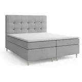 MRGROUP Boxspringbett mit Bettkasten Oslo 140 x 200 cm, Samtstoff, Polsterbett mit Bonell-Matratze und Topper, Doppelbett mit Stauraum, Bett für Schlafzimmer, Gepolstertes Kopfteil, H3, hellgrau