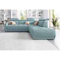 Ecksofa DOMO COLLECTION "Ava, moderne Sitzheftung mit toller Doppelnaht, komfortabel, L-Form", blau (aqua), B:266cm H:84cm T:99cm, Kunstleder SOFTLUX;Struktur fein (100% Polyester);Zierkissen: Microfaser PRIMABELLE (100% Polyester);Struktur (100% Polyester);Microfaser PRIMABELLE (100% Polyester), Sofas, Ecksofa, mit Ottomane, inkl. Federkern, wahlweise mit Kopfteilverstellungen