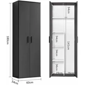 mokebo Besenschrank Schwarz, Holzwerkstoff, 4 Fächer, 60x180x34 cm, Waschküche, Mehrzweckschränke