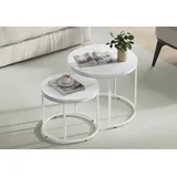 home collective Couchtisch 2er Set Rund Beistelltisch Loft Design 2 in 1 Verschachtelung Kratzfeste Oberfläche, Wohnzimmer | 53cm und 43cm Breite Weiß Marmor Optik mit Weißen Beinen
