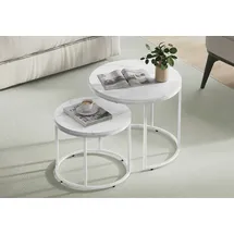 home collective Couchtisch 2er Set Rund Beistelltisch Loft Design 2 in 1 Verschachtelung Kratzfeste Oberfläche, Wohnzimmer | 53cm und 43cm Breite Weiß Marmor Optik mit Weißen Beinen