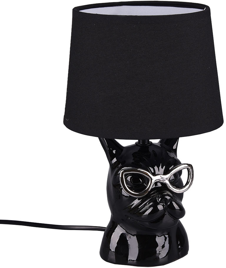 Tischleuchte Nachttischlampe Esszimmerlampe Keramik Tischlampe Textil für Schlafzimmer, Hund mit Brille chrom schwarz, Textil, 1x E14 Fassung, DxH 18x29 cm