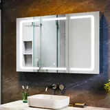 SUNXURY Spiegelschrank mit Beleuchtung, 105 x 65 cm einstellbare DREI Lichtfarben, Badspiegelschrank für das Badezimmer wasserdicht Edelstahl Spiegelschrank mit Steckdose und Touch