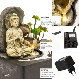 Lemodo Zimmerbrunnen mit LED-Beleuchtung und Buddha, Feng Shui Dekobrunnen mit kleinem ZEN Garten