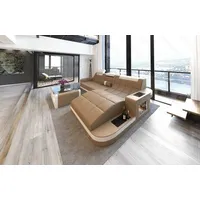 Sofa Dreams Ecksofa Wave L Form Ledersofa LED, 4-Sitzer, Leder-Mix Premium, Sandbeige-Weiß, Ottomane rechts, USB beige