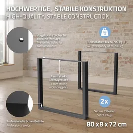 ECD Germany 2x Tischbeine aus Vierkantprofilen 80 x 72 cm Anthrazit, aus Stahl,