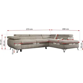 MKS Meble Ecksofa Wohnlandschaft L-Form mit Schlaffunktion und Bettkasten, Schlafsofa mit Bettkasten, Sofa mit Einstellbare Kopfstützen, Peter L... - Beige