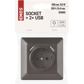 EMOS A6000.3 Unterputz-Steckdose mit 2X USB-Port Schuko, System 55 Schutzkontaktsteckdose, 5 V / 2,1 A für Handy oder Smartphone Laden, anthrazit, 4000 W, 250 V, Schwarz