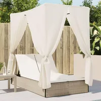 IKAYAA Doppelliege Outdoor 2 Personen Sonnenliege 2 Personen mit Dach und Vorhängen Doppel Gartenliege Wetterfest Liegestuhl Verstellbar Sonnenbett Loungebett Gartenbett-Beige und Creme-Typ 1