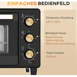 Homcom Minibackofen 16 L 1400W Mini Backofen 100-230°C 60 Min. Timer, mit Grillrost und Backblech, Pizzaofen mit Tablettgriff, Schwarz - Schwarz