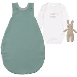 Erstausstattungspaket LILIPUT "Kleines Wunder", Baby, Gr. 44, grün (weiß, grün), 100% Baumwolle, KOB Set-Artikel, mit Body, Musselinschlafsack und Strick-Hasen