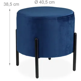 Relaxdays Samthocker, runder Sitzhocker, gepolstert, Schwarze Metallbeine, H x D: 38,5 x 40,5 cm, Hocker Samt, blau
