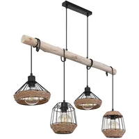 ETC Shop Hängeleuchte Holzbalken Hängelampe Hanfseil Retro Holz Käfig-Design Esszimmerlampe hängend 4 Flammig, Kabel schwarz, 4x E27, LxBxH 105x21x120 cm