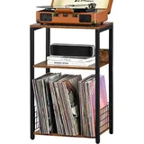 LELELINKY 3-Stöckiger Schallplattenständer, Vintage Vinyl Regal Beistelltisch, Plattenspieler Tisch mit Stauraum für bis zu 100 Alben, Schallplattenregal Halter Regal für Wohnzimmer und Büro(Braun)