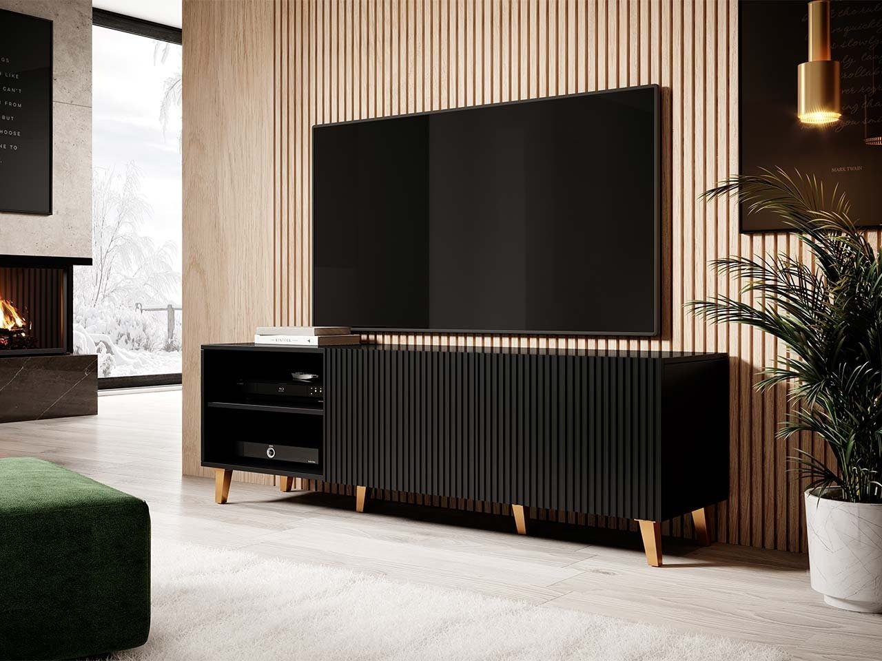 MIRJAN24 TV-Schrank Pafos 150 TV-Tisch mit 2 Türen, Modern Wohnzimmer TV-Kommode schwarz
