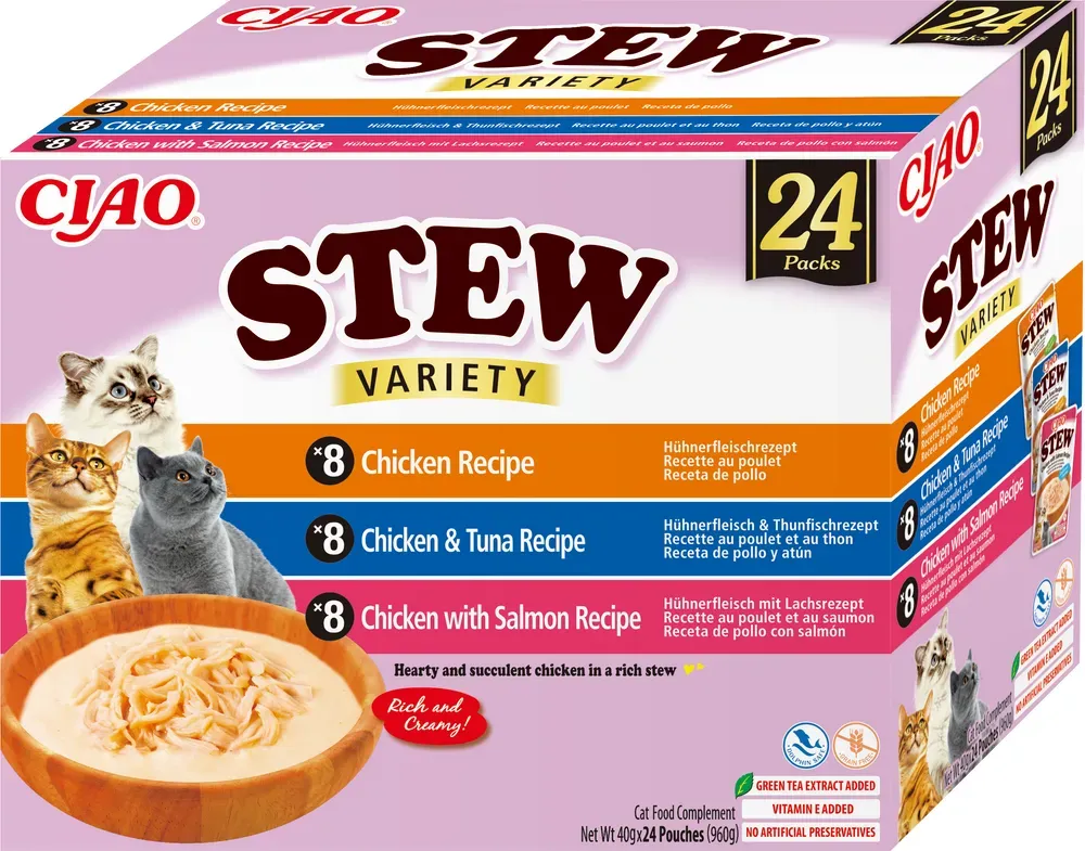 INABA Cat Ciao Stew Ergänzungsfuttermittel für Katzen mit Huhn, Thunfisch und Lachsgeschmack 24x40g