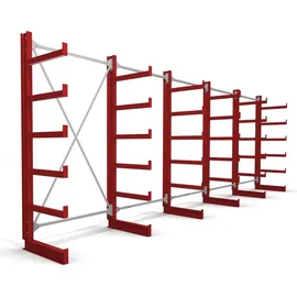 Stier Kragarmregal einseitig 5 Felder mit 5 Ebenen 6500x2000x500mm feuerrot