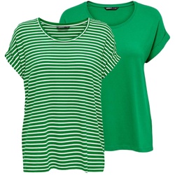 Only Damen O-Neck Top T-Shirt MOSTER 2er Pack Basic Kurzarm Rundhals Shirt Jolly Grün W/ Cd Stripes S