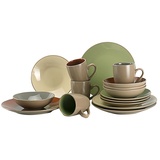 CreaTable Kombiservice 16-teilig URBAN JUNGLE, Taupe - Creme - Grün - Braun - für 4 Personen - Steingut