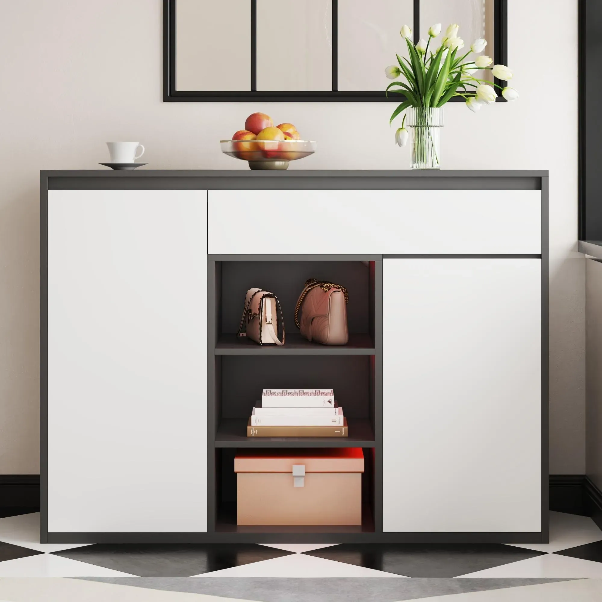 Schuhschrank mit 2 Türen und 1 Schublade, mit LED-Beleuchtung und verstellbarem Schuhregal, 105x39,5x86 cm, Schwarz+Weiß