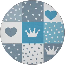 Kinderteppich PACO HOME "Eliz 391", blau, H:12mm Ø:160cm, Polyester, Teppiche, Kurzflor, Spielteppich, Patchwork-Muster, Motiv Krone, Herz & Punkte