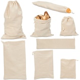 Relaxdays Brotbeutel-Set 8tlg, Baumwollbeutel in 4 versch. Größen, zur Aufbewahrung von Brot, Baguette, Gemüse, beige