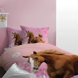 Matt&Rose Mädchen Bettwäsche 135x200 80x80 cm 100% Baumwolle Pferd rosa mit Blumen