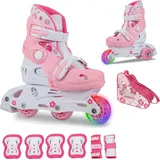 JAMBACH Kinder Inliner Set mit Protektoren verstellbar zum Rollschuh mit LED rosa XS (26-29))