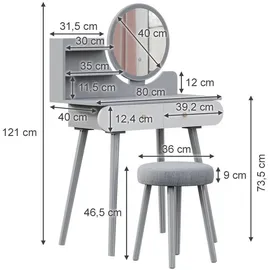 Vicco Schminktisch Edda 80 x 121 cm mit LED Beleuchtung und Hocker Grau Weiß Frisiertisch