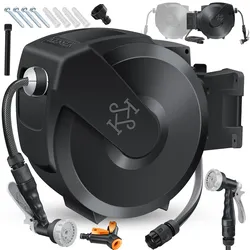 KESSER® Schlauchtrommel mit Gartenschlauch   Wasserschlauchtrommel zur Wandmontage   Wandhalterung   180° schwenkbar & automatische Aufrollung   Wand-Schlauchbox inkl. 7-Funktionen Handbrause
