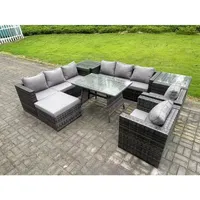 Polyrattan Gartenmöbel Set im Balkon Lounge Sofa Garten Esstisch Set mit 2 Beistelltischen 2 Großer Hockern Sesseln 9-Sitzer Dunkelgrau Gemischt